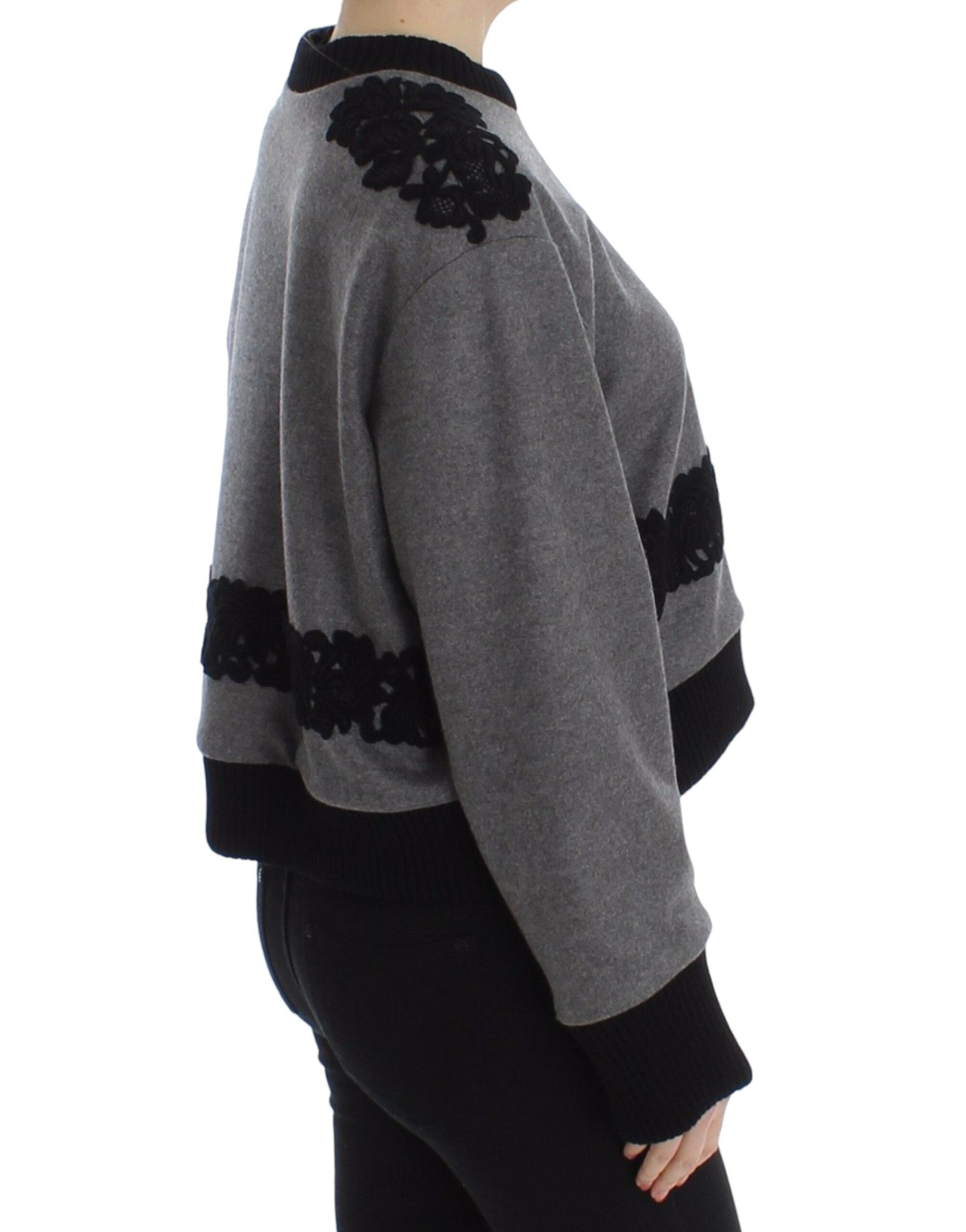Gray and black lace wool cashmere sweater by Dolce & Gabbana, featuring intricate lace details and a cozy, luxurious fit.