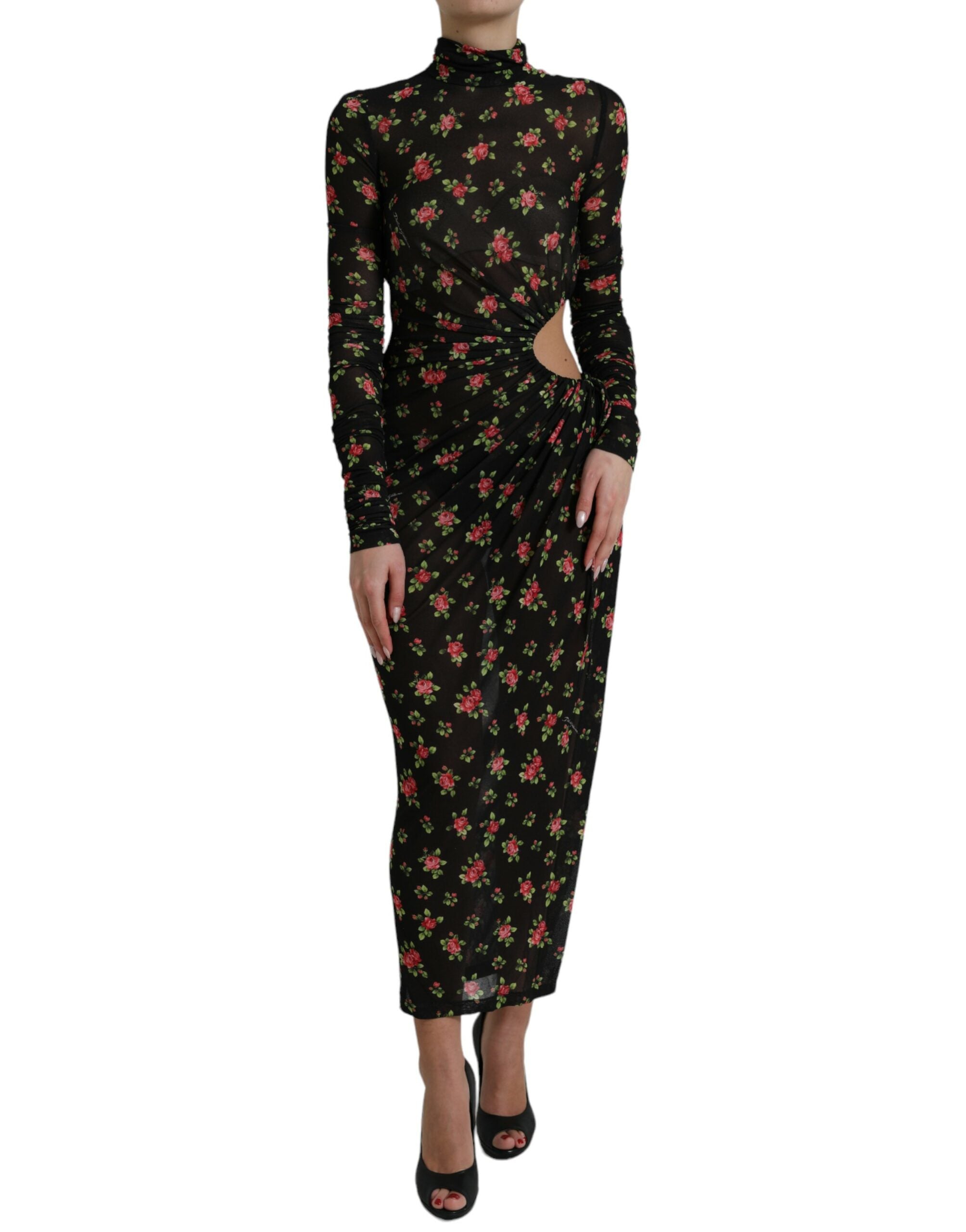 Black floral cut-out sheath long maxi dress by Dolce & Gabbana, featuring a fitted silhouette with floral embroidery and cut-out details.