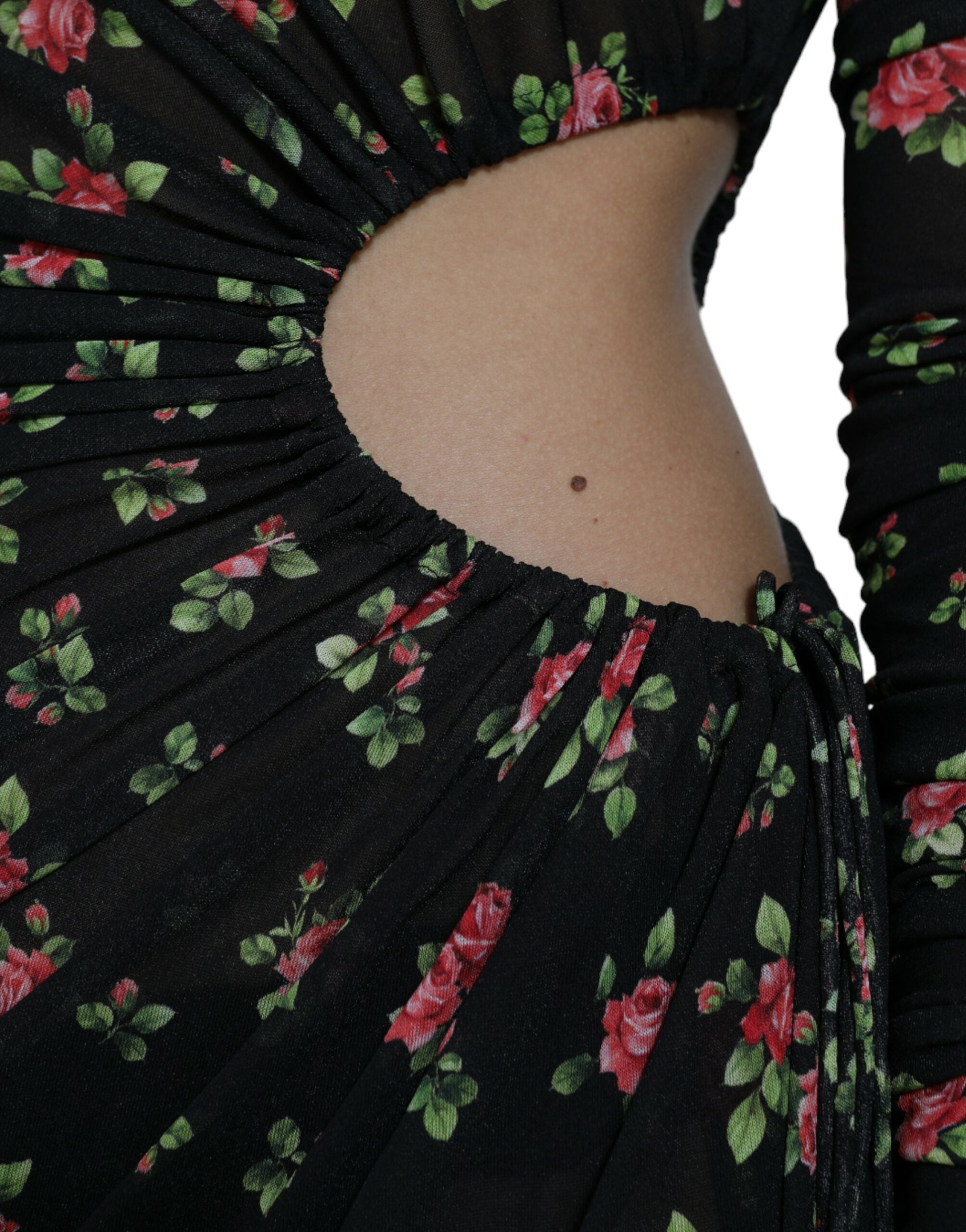 Black floral cut-out sheath long maxi dress by Dolce & Gabbana, featuring a fitted silhouette and elegant floral details.
