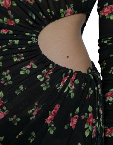 Black floral cut-out sheath long maxi dress by Dolce & Gabbana, featuring a fitted silhouette and elegant floral details.