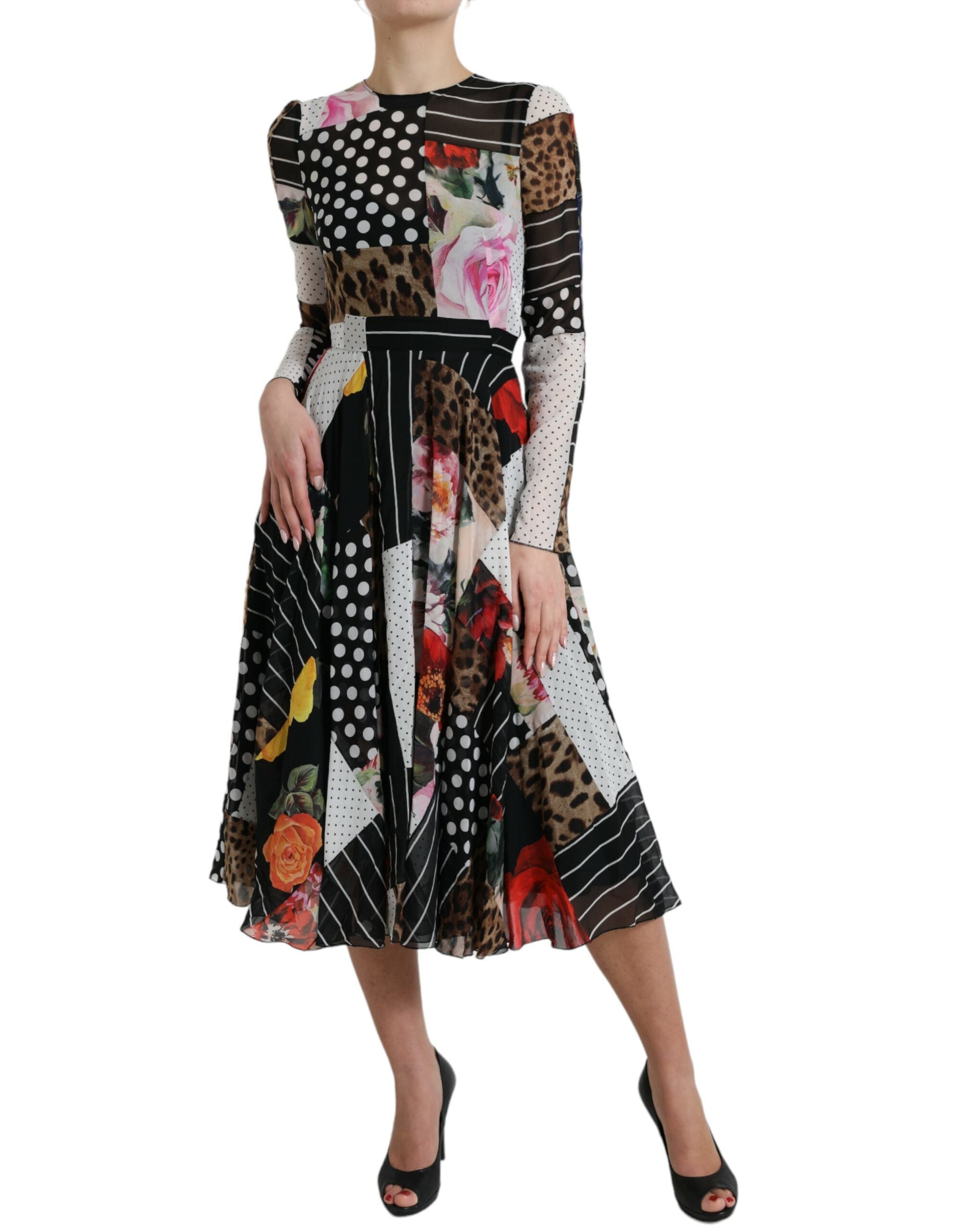 Multicolor patchwork floral leopard dress by Dolce & Gabbana featuring vibrant patterns and mixed fabric textures.