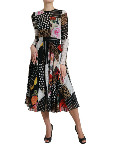 Multicolor patchwork floral leopard dress by Dolce & Gabbana featuring vibrant patterns and mixed fabric textures.