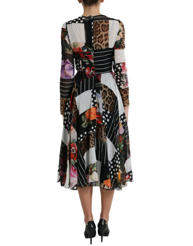 Multicolor patchwork floral and leopard print dress by Dolce & Gabbana, featuring vibrant patterns and a stylish design.