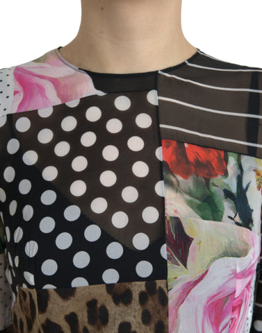 Multicolor patchwork floral leopard print Dolce & Gabbana dress with long sleeves and fitted silhouette.