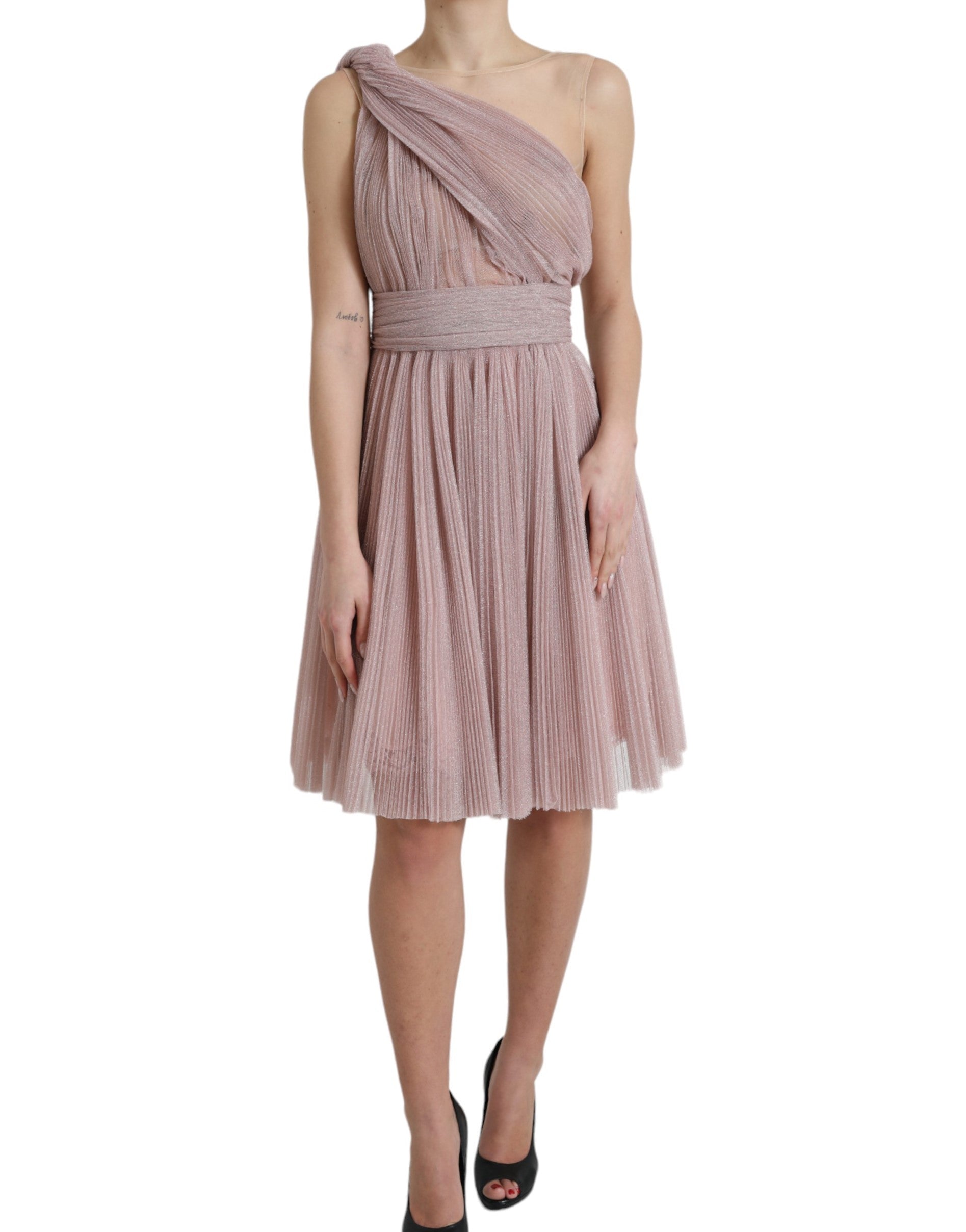 Pink one-shoulder pleated lame tulle dress by Dolce & Gabbana, showcasing a stylish, flowing design with layered fabric and elegant detailing.