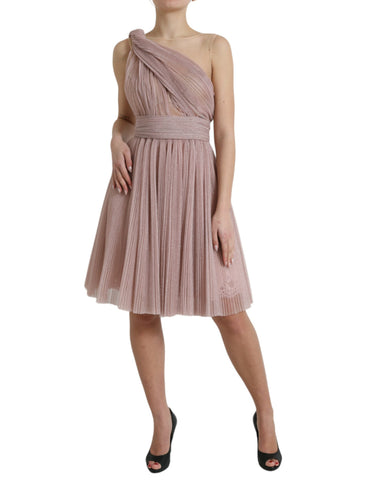 Pink one-shoulder pleated lame tulle dress by Dolce & Gabbana, featuring elegant draped fabric and a stylish asymmetrical design.