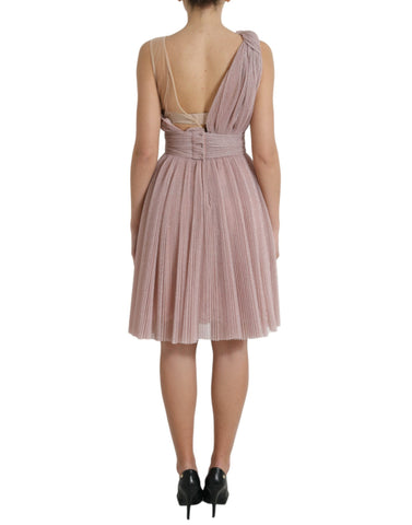 Pink one-shoulder pleated lame tulle dress by Dolce & Gabbana with flowing fabric and elegant design.