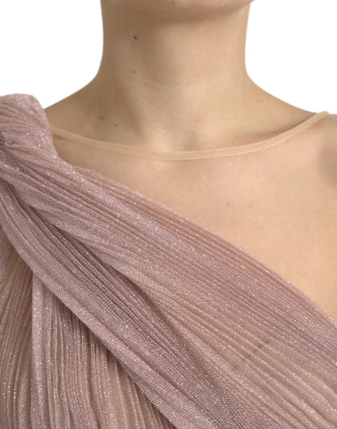 Pink one-shoulder pleated lame tulle dress by Dolce & Gabbana, featuring elegant draping and a flowing silhouette.