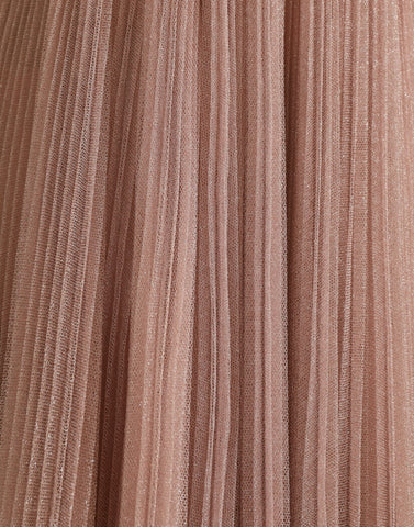 Pink one-shoulder pleated lame tulle dress by Dolce & Gabbana, featuring elegant ruffles and a flowing design.