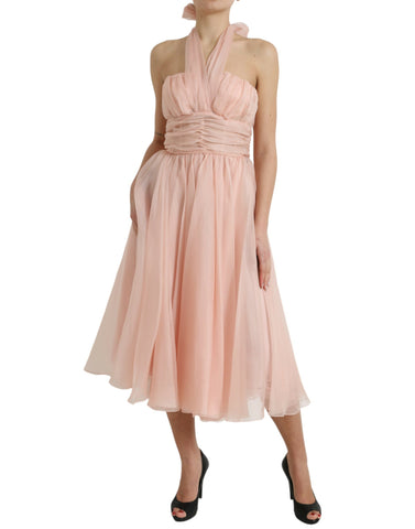 Pink silk chiffon halter A-line pleated midi dress by Dolce & Gabbana, featuring elegant flowing fabric and stylish design.