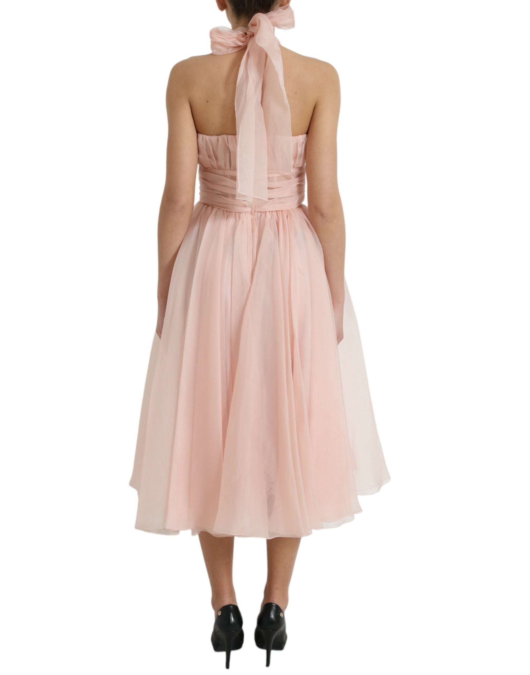 Pink silk chiffon halter A-line pleated midi dress by Dolce & Gabbana, featuring flowing fabric and elegant design.