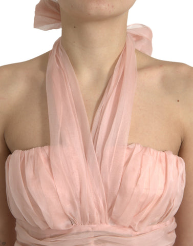 Pink silk chiffon halter A-line pleated midi dress by Dolce & Gabbana, featuring flowing fabric and elegant design.