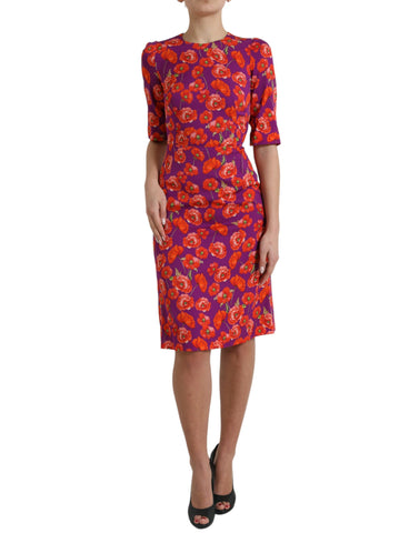 Multicolor floral poppy print sheath dress by Dolce & Gabbana, showcasing a vibrant, fitted design with floral pattern details.