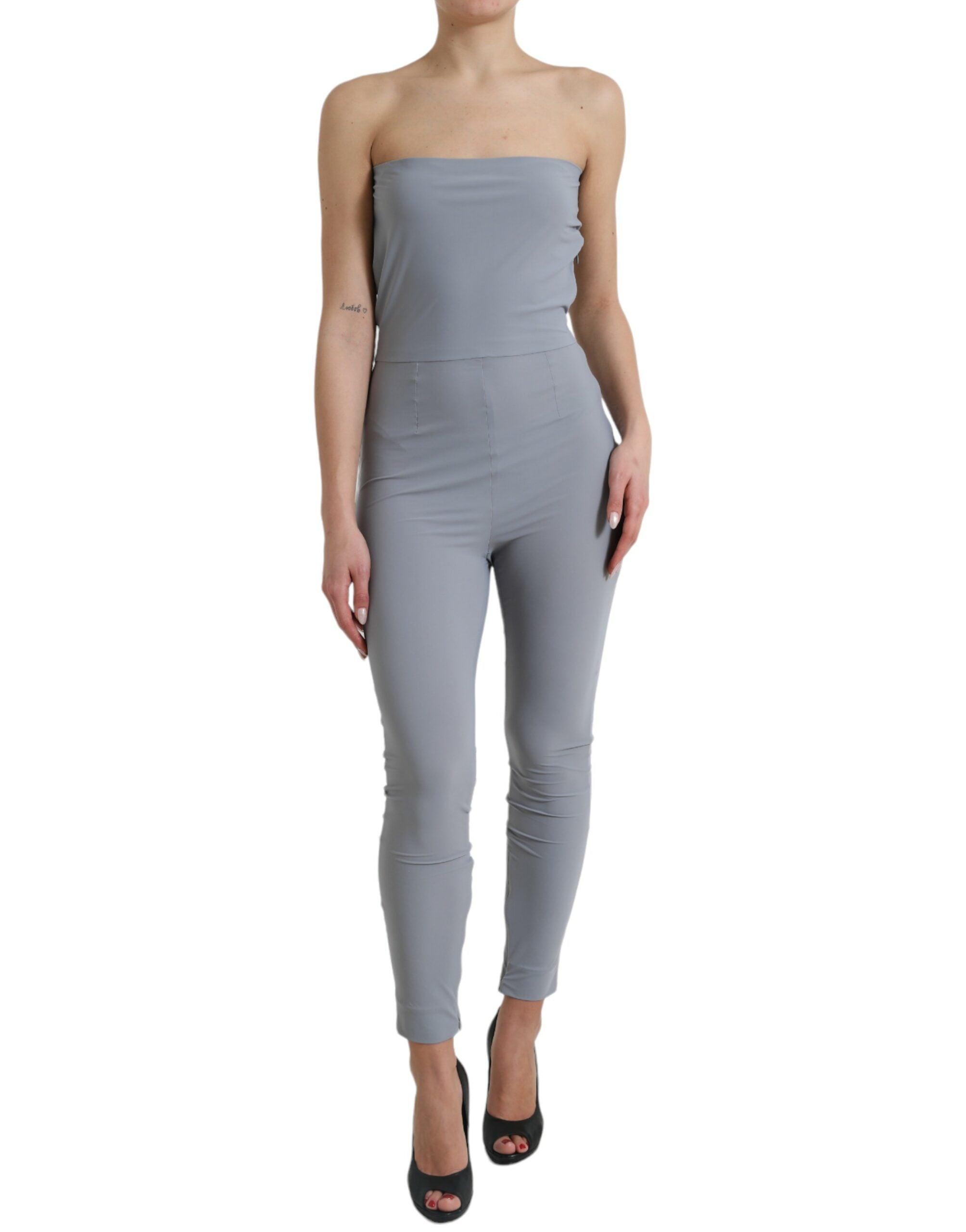 Gray nylon strapless bodycon jumpsuit dress by Dolce & Gabbana, fitted silhouette with sleek design and minimalist style.