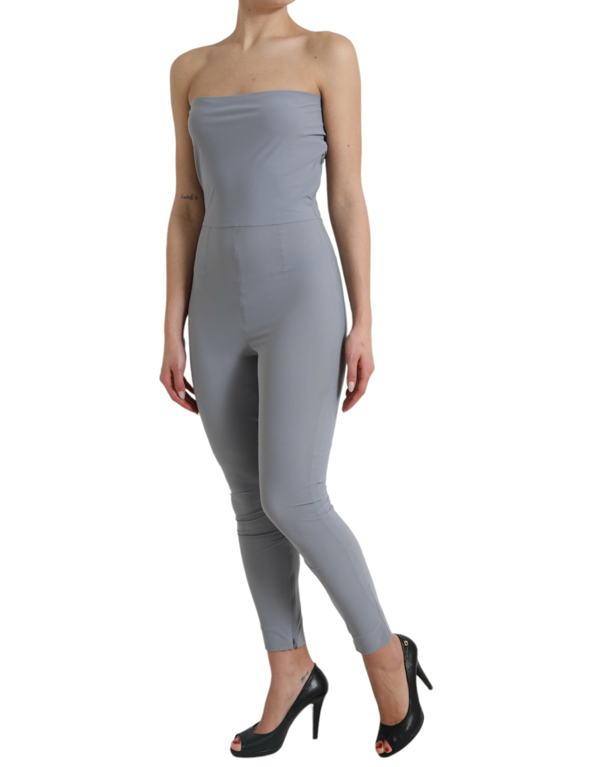 Gray nylon strapless bodycon jumpsuit dress by Dolce & Gabbana, shown fitted on a model with sleek design and minimalist style.