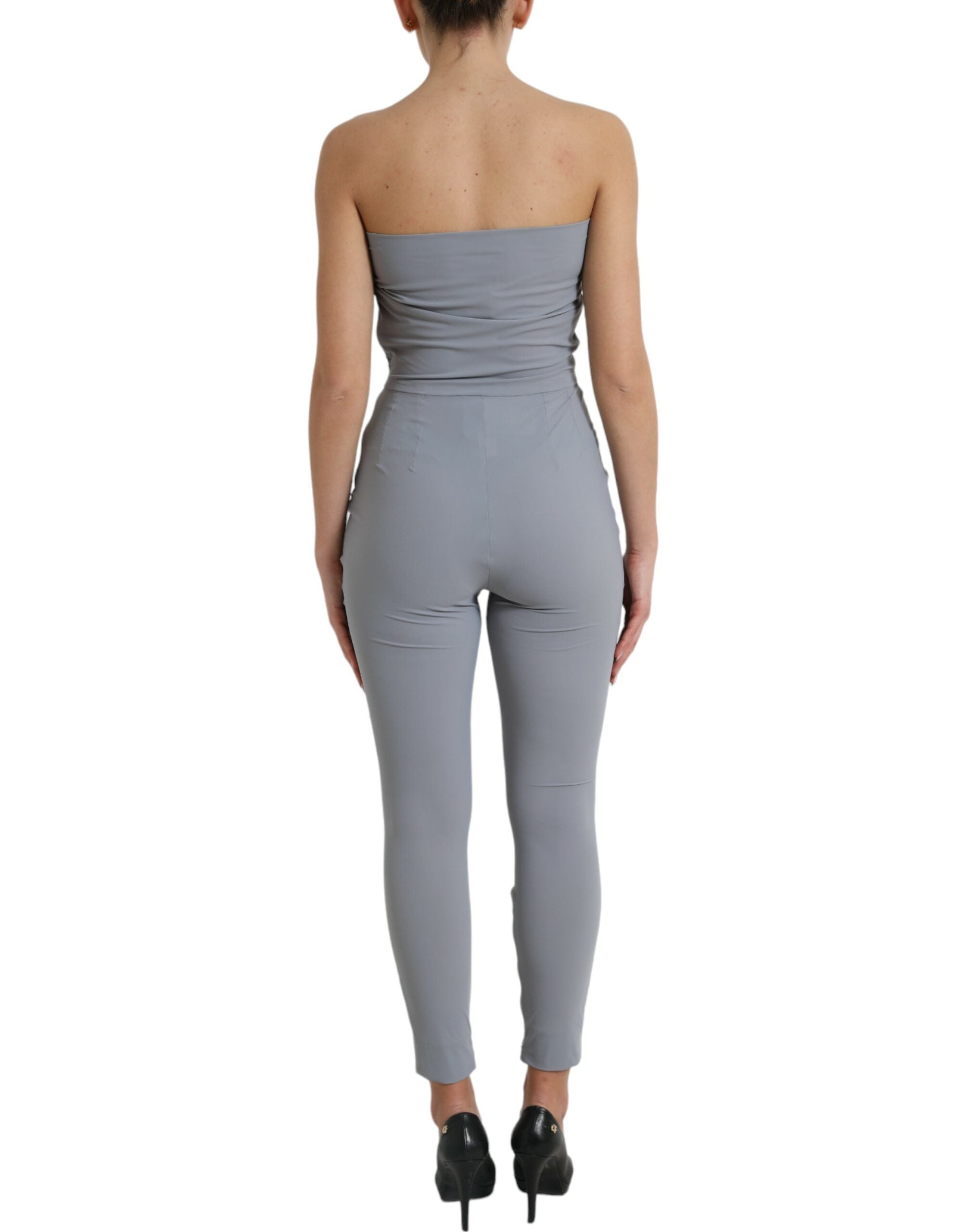 Gray nylon strapless bodycon jumpsuit dress by Dolce & Gabbana, fitted design, smooth fabric, and sleeveless style.