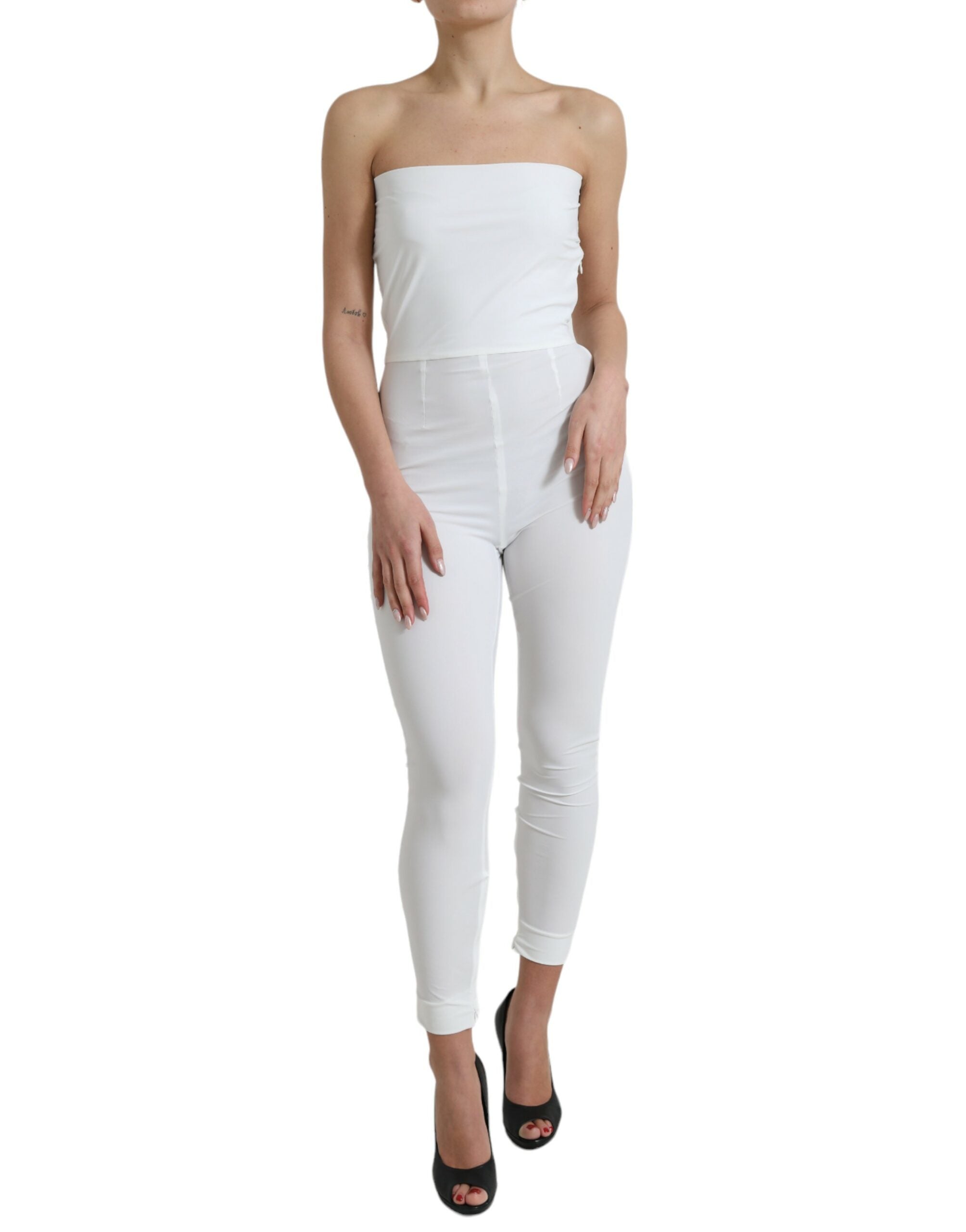 White nylon strapless bodycon jumpsuit dress by Dolce & Gabbana, form-fitting with a sleek, modern design.
