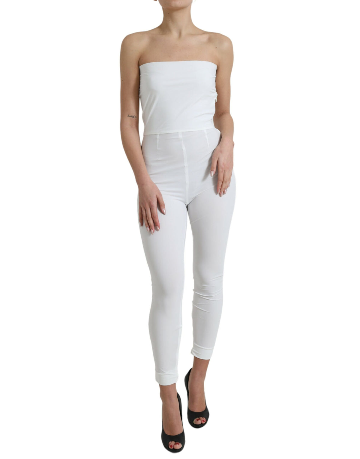 White nylon strapless bodycon jumpsuit dress by Dolce & Gabbana, form-fitting with a sleek, modern design.
