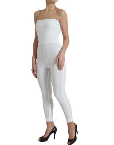 White nylon strapless bodycon jumpsuit dress by Dolce & Gabbana, form-fitting with a sleek, minimalist design.