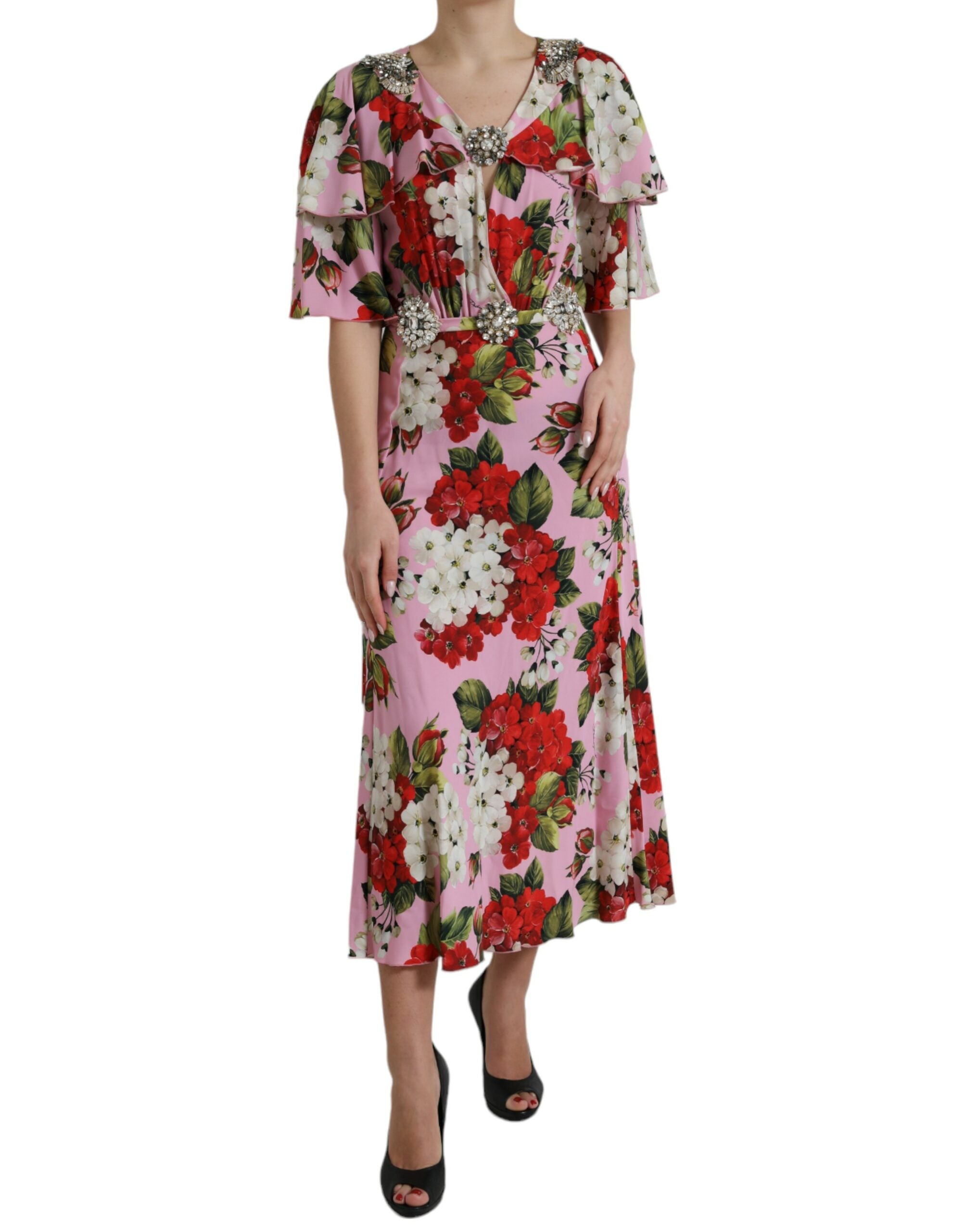Multicolor floral crystal-embellished A-line dress by Dolce & Gabbana, featuring vibrant floral patterns and elegant design.
