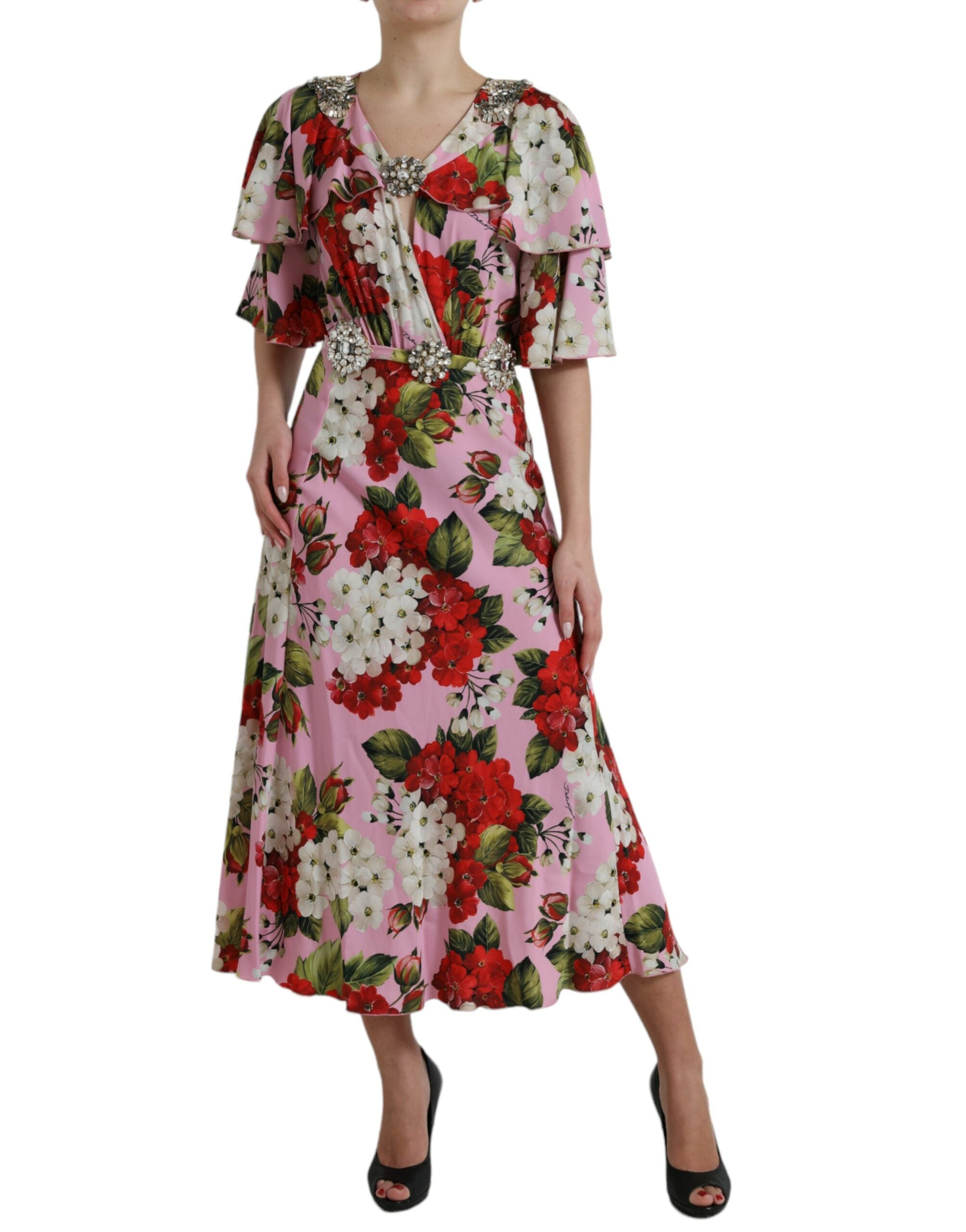 Multicolor floral crystal-embellished A-line dress by Dolce & Gabbana, featuring vibrant floral patterns and elegant crystal details.