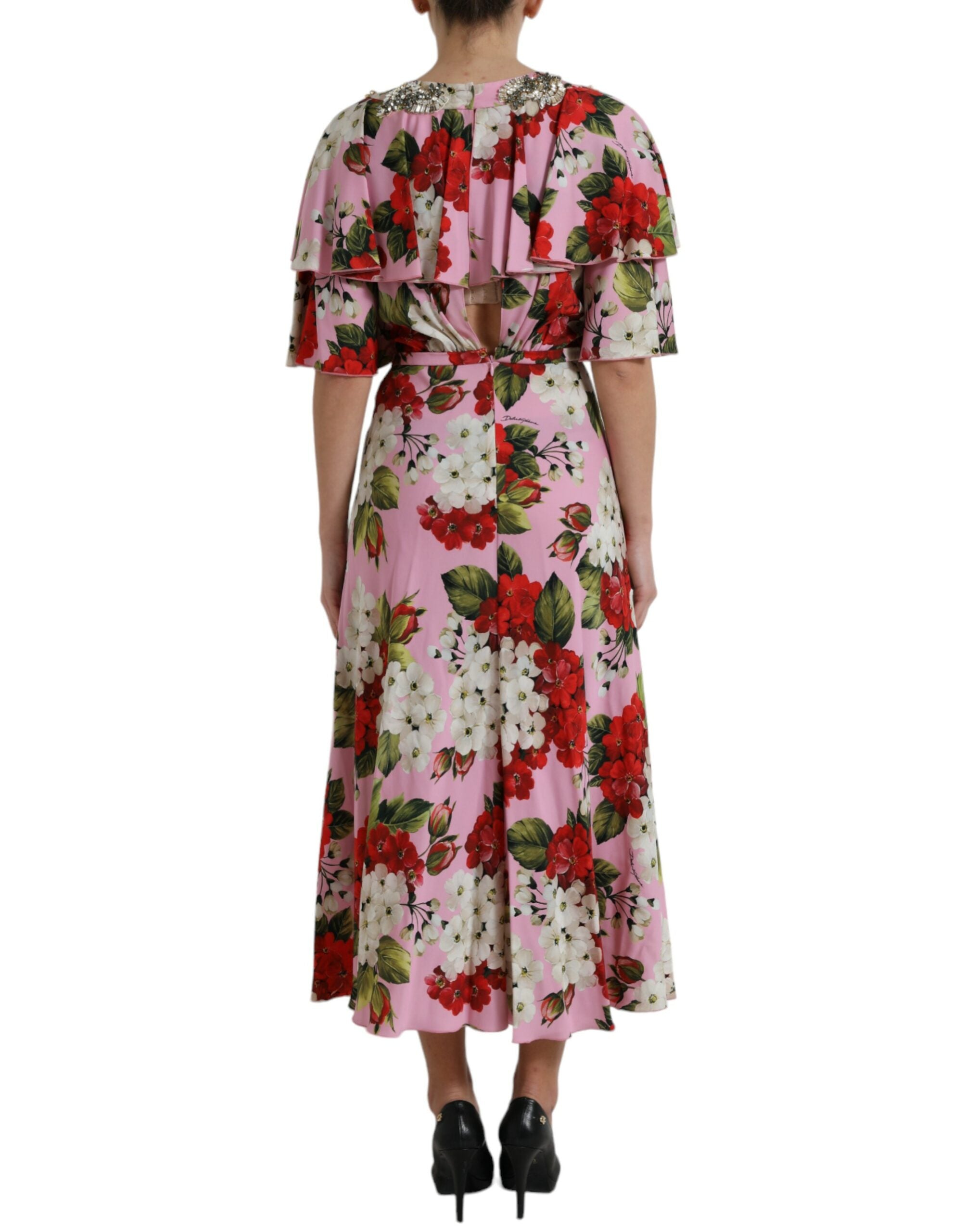 Multicolor floral crystal-embellished A-line dress by Dolce & Gabbana, featuring vibrant floral patterns and elegant design.