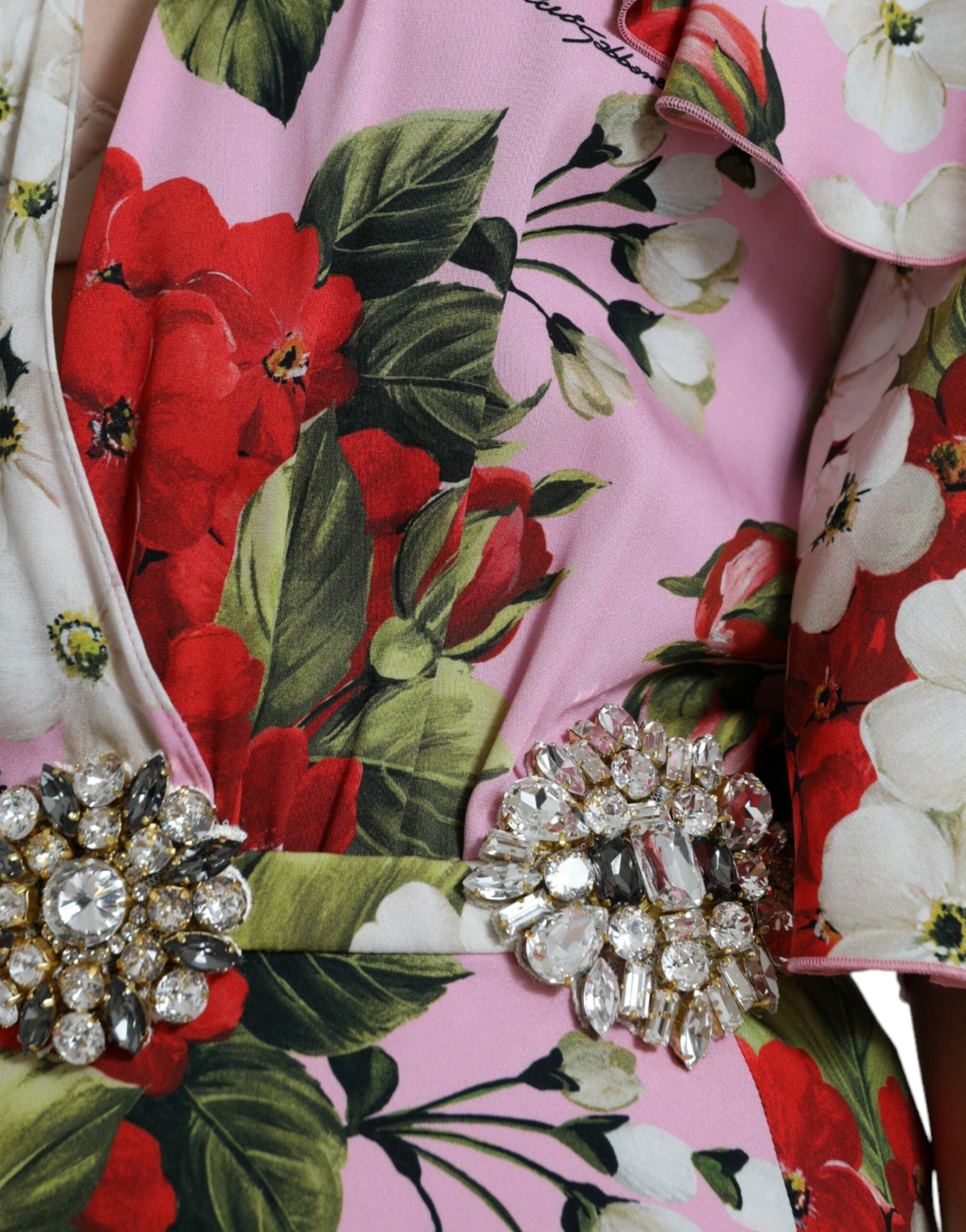 Multicolor floral crystal-embellished Dolce & Gabbana A-line dress with vibrant floral pattern and elegant design.