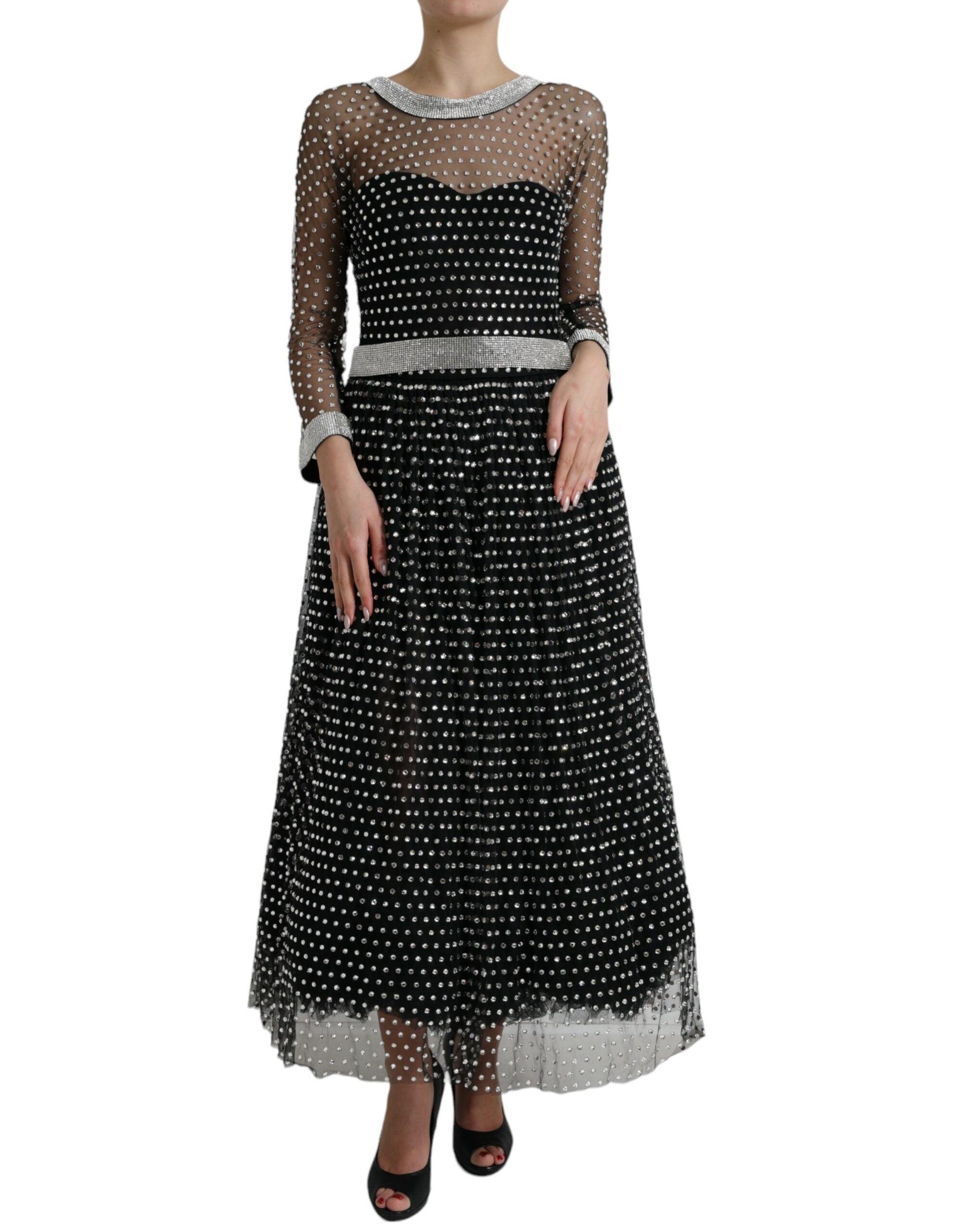 Black crystal-embellished Dolce & Gabbana A-line gown dress with intricate detailing and elegant flowing fabric.