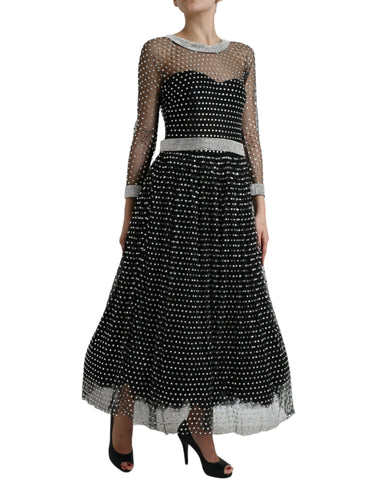 Black crystal-embellished A-line gown dress by Dolce & Gabbana with intricate detailing and flowing fabric.