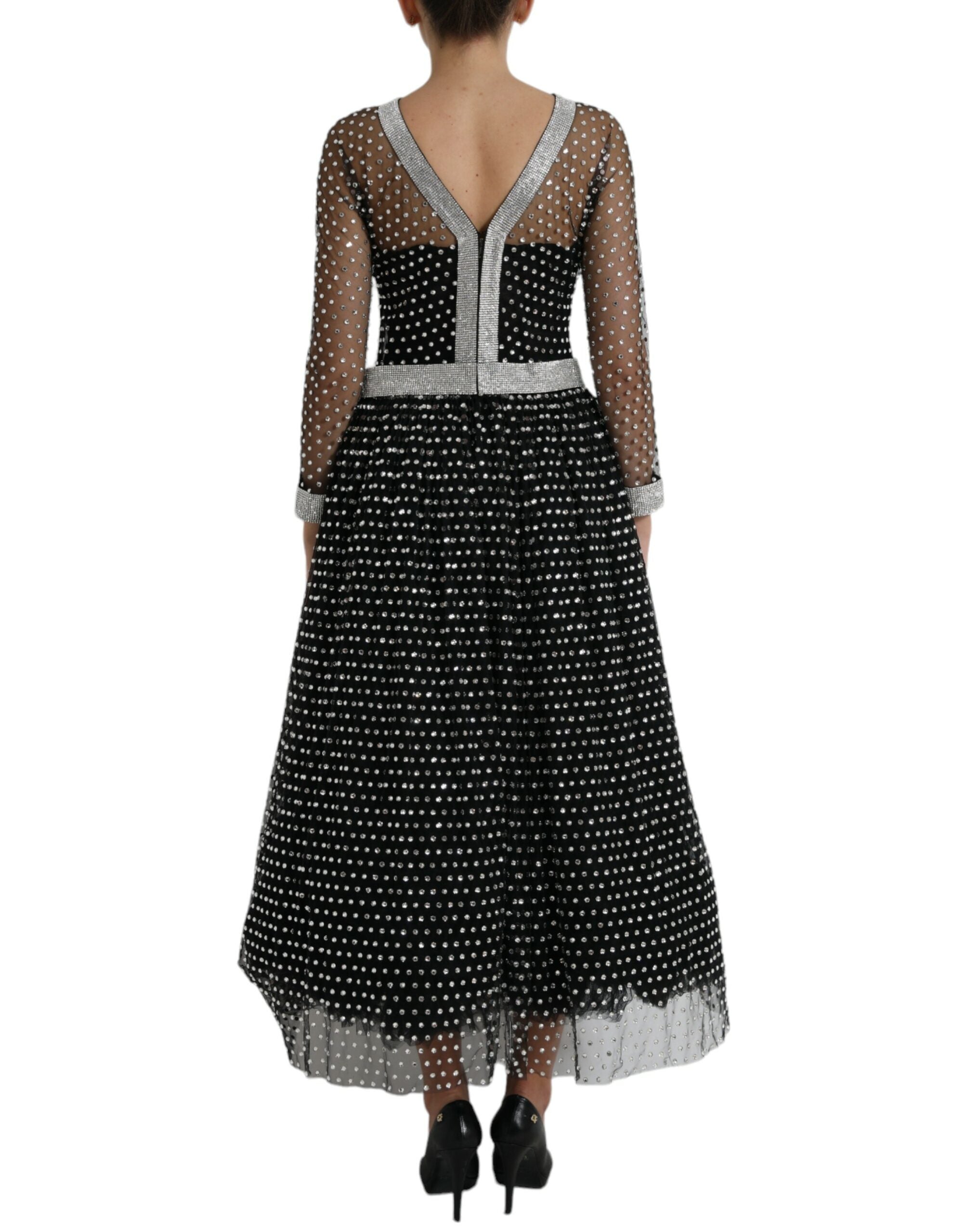 Black crystal-embellished A-line gown dress by Dolce & Gabbana, featuring a fitted bodice and flowing skirt.