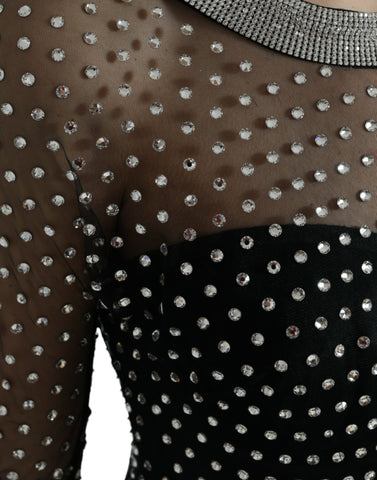 Black crystal-embellished A-line gown dress by Dolce & Gabbana with intricate detailing and flowing fabric.