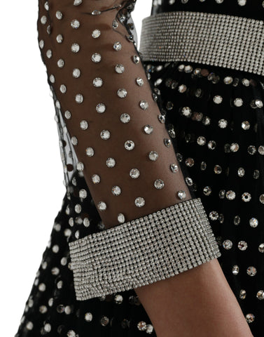 Black crystal-embellished A-line gown dress by Dolce & Gabbana, featuring elegant flowing fabric and intricate crystal details.