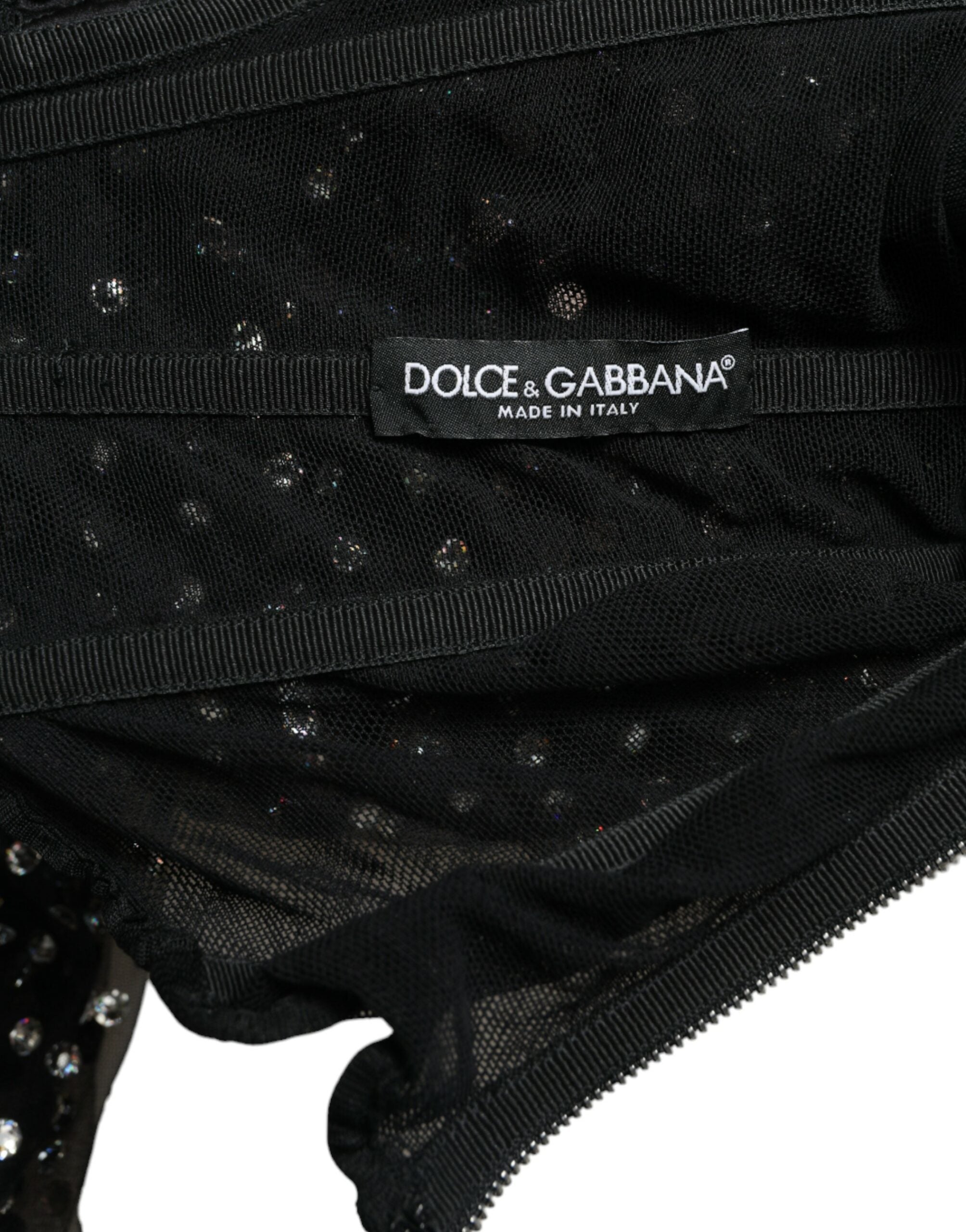 Black crystal-embellished A-line gown dress by Dolce & Gabbana, featuring intricate detailing and elegant fabric.