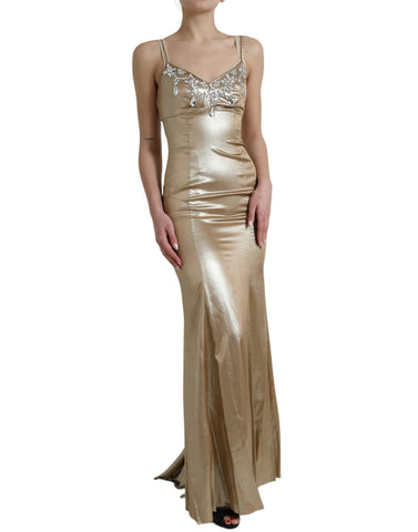 Dolce & Gabbana metallic gold gown dress with crystal embellishments, elegant evening wear with a fitted silhouette.