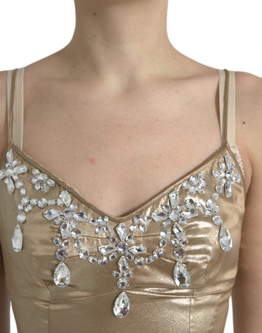 Metallic gold crystal-embellished gown dress by Dolce & Gabbana, featuring a flowing silhouette and intricate beadwork.