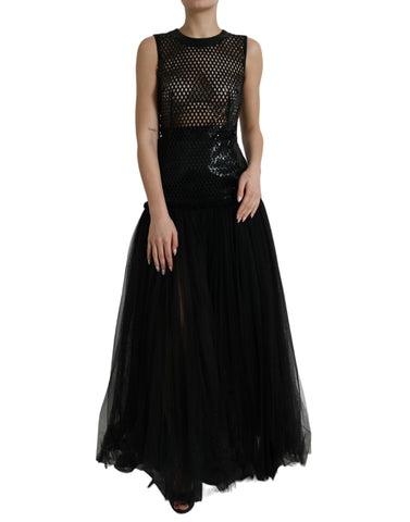 Black sequined sleeveless mesh layered gown dress by Dolce & Gabbana, featuring shimmering sequins and elegant layered design.