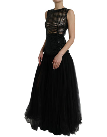 Black sequined sleeveless mesh layered gown dress by Dolce & Gabbana, featuring shimmering sequins and elegant layered design.