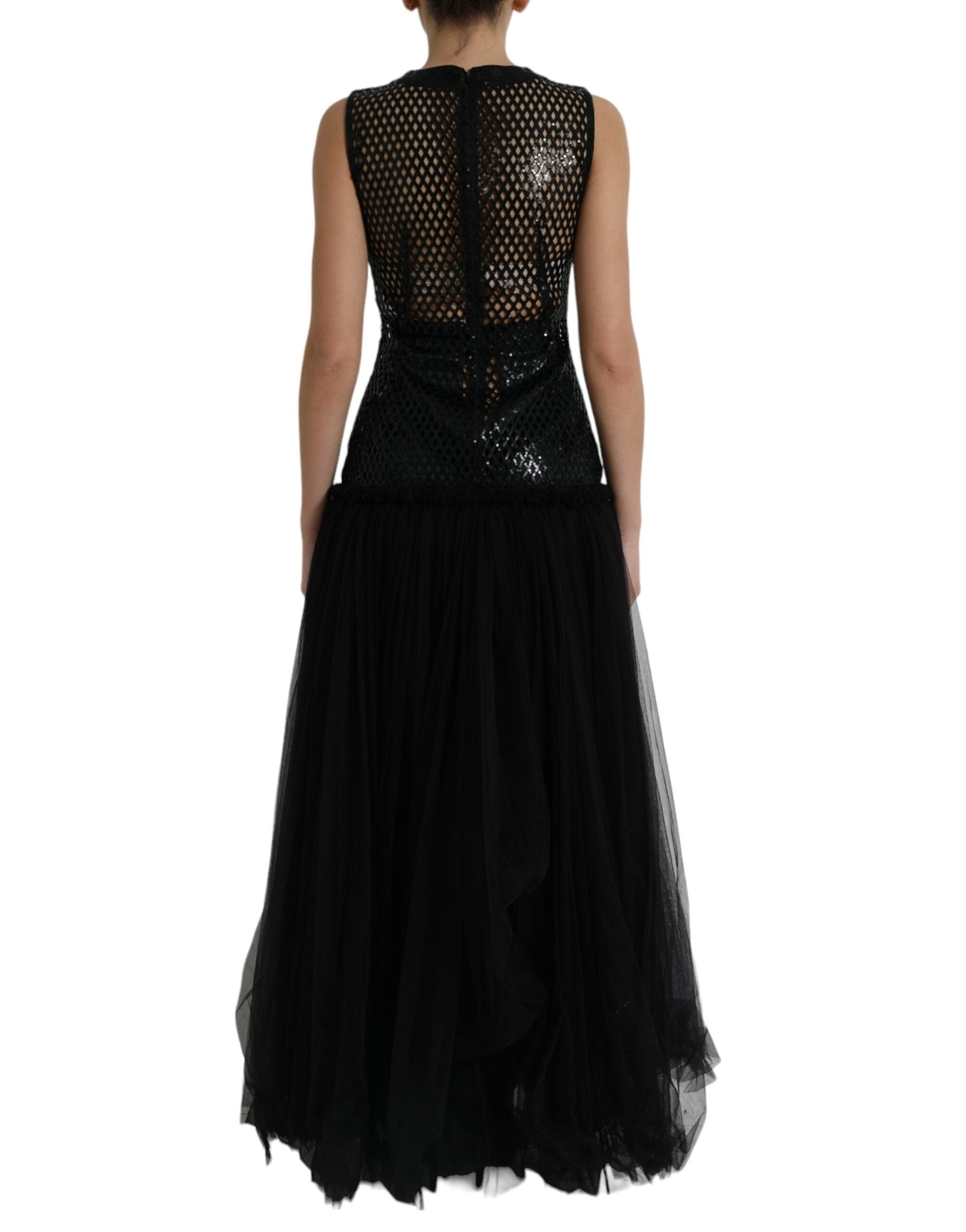 Black sequined sleeveless mesh layered gown dress by Dolce & Gabbana, featuring shimmering sequins and elegant layered design.