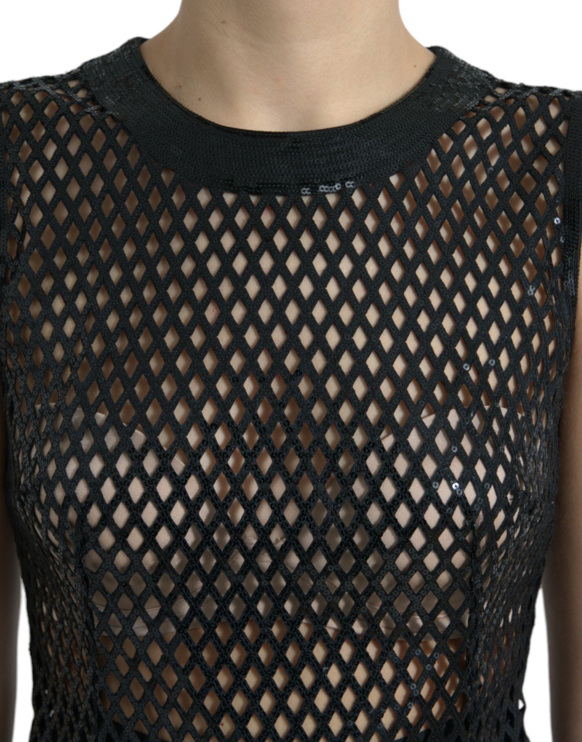 Black sequined sleeveless mesh layered gown dress by Dolce & Gabbana, featuring shimmering sequins and elegant layered design.