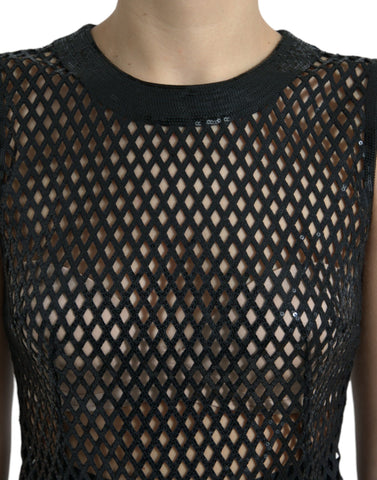 Black sequined sleeveless mesh layered gown dress by Dolce & Gabbana, featuring shimmering sequins and elegant layered design.