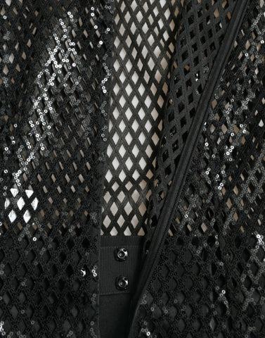 Black sequined sleeveless mesh layered gown dress by Dolce & Gabbana, featuring shimmering sequins and elegant layered design.
