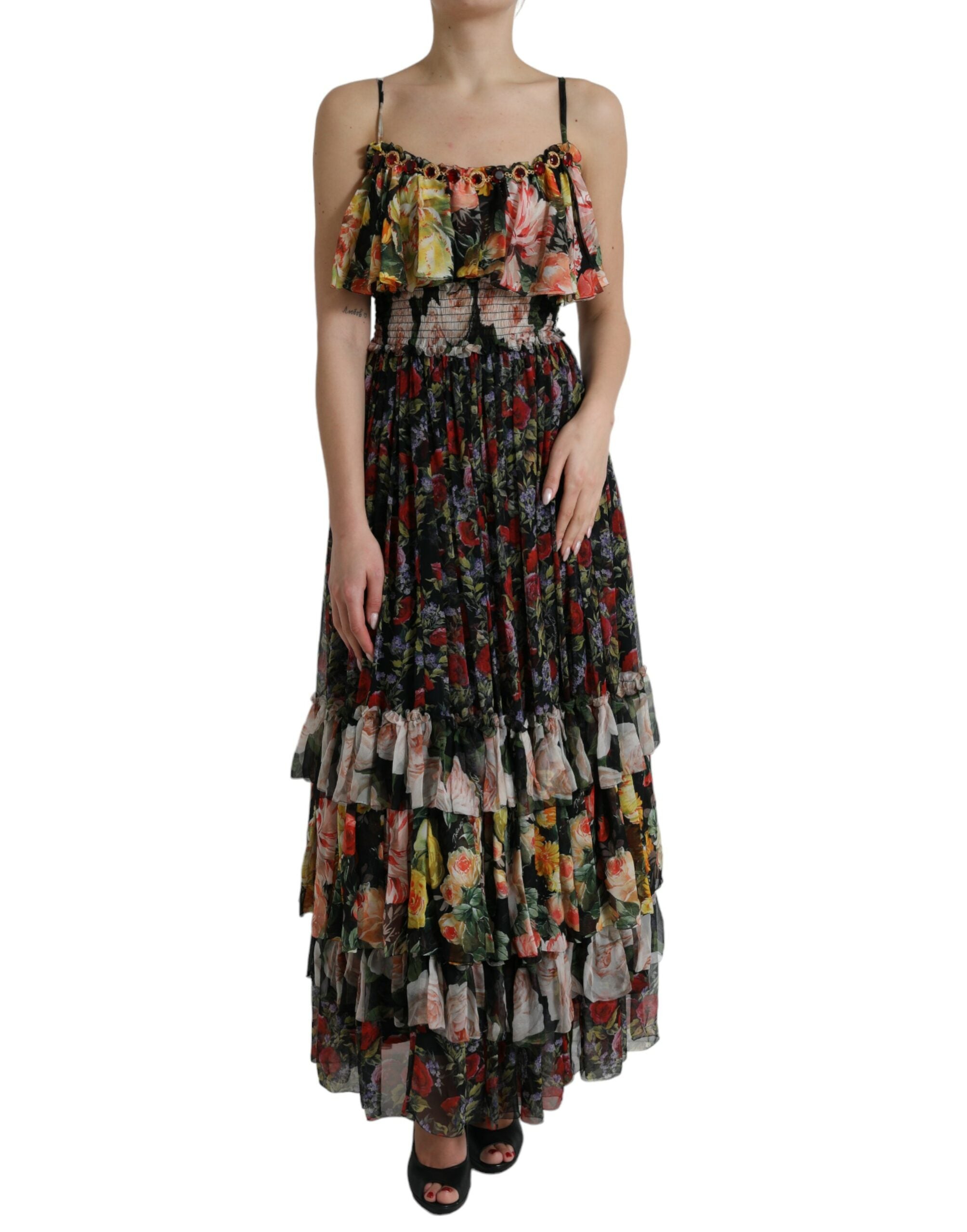 Multicolor floral chiffon tiered maxi dress by Dolce & Gabbana, flowing fabric with vibrant floral patterns and layered design.