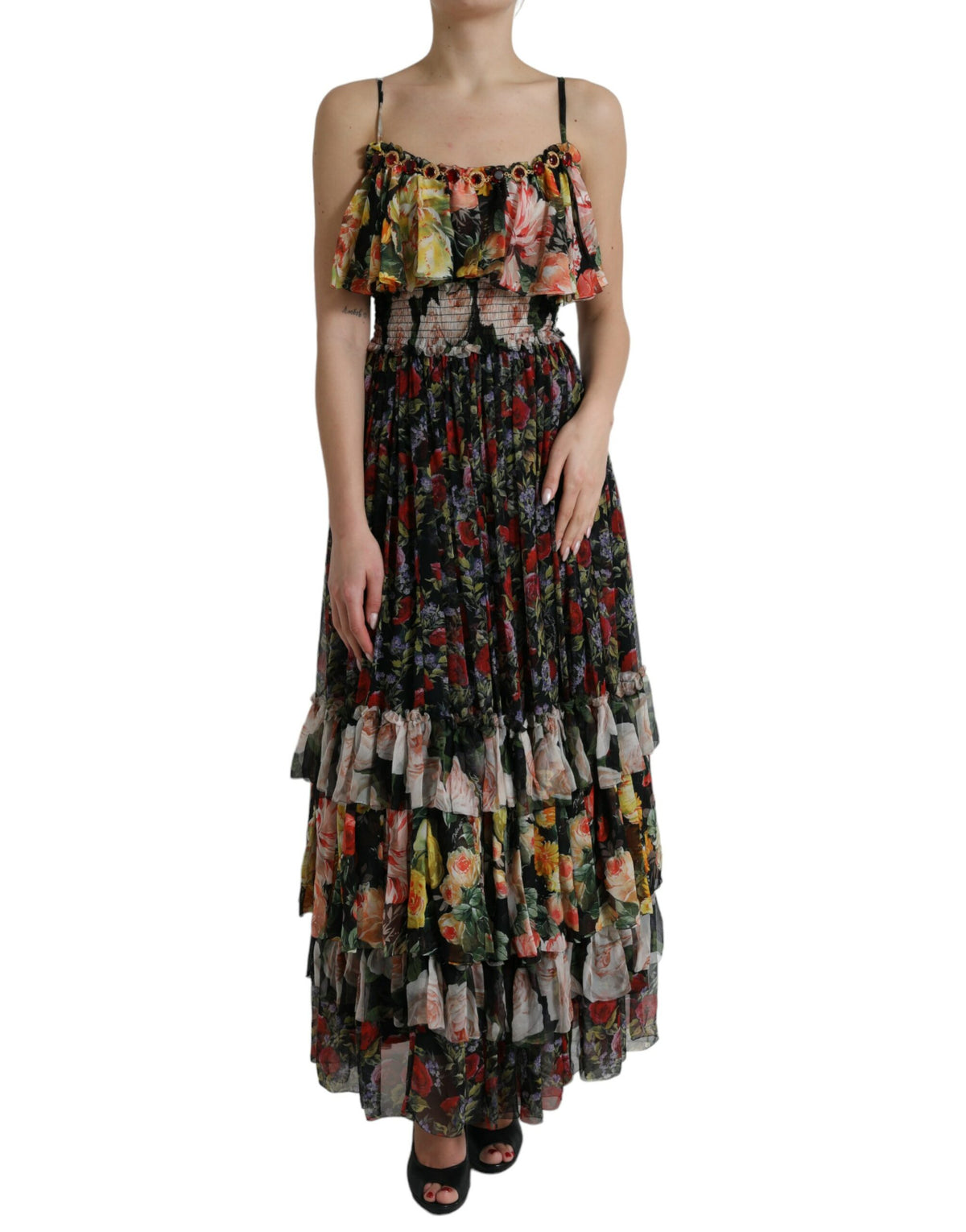 Multicolor floral chiffon tiered maxi dress by Dolce & Gabbana, flowing fabric with vibrant floral patterns and layered design.