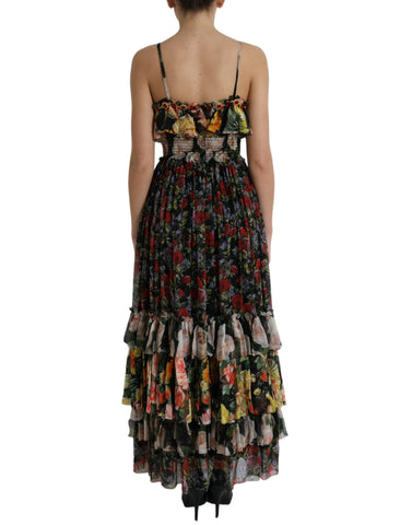 Multicolor floral chiffon tiered maxi dress by Dolce & Gabbana displayed on a hanger with flowing fabric and vibrant floral patterns.