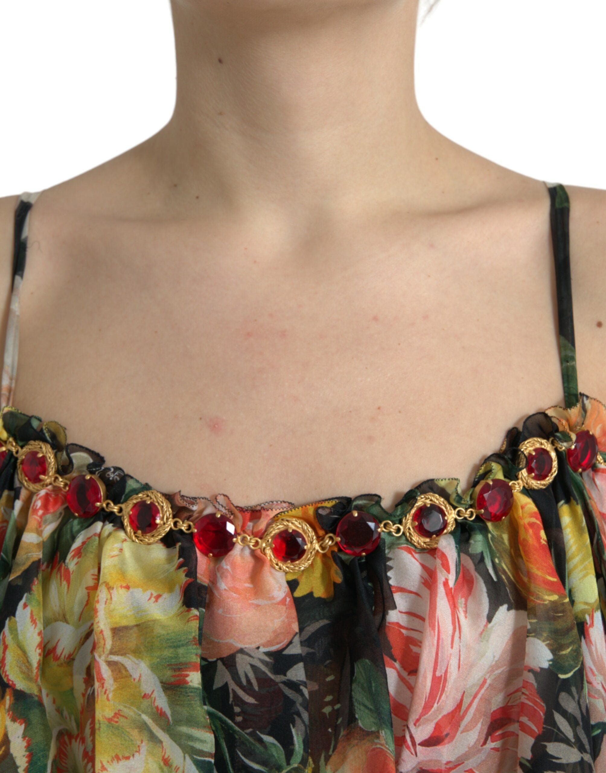 Multicolor floral chiffon tiered maxi dress by Dolce & Gabbana, featuring flowing fabric and vibrant floral patterns.
