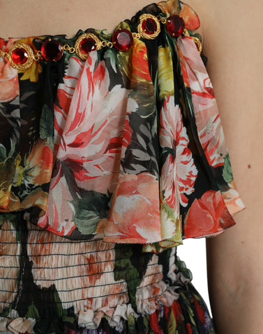 Multicolor floral chiffon tiered maxi dress by Dolce & Gabbana, featuring flowing fabric and vibrant floral patterns.