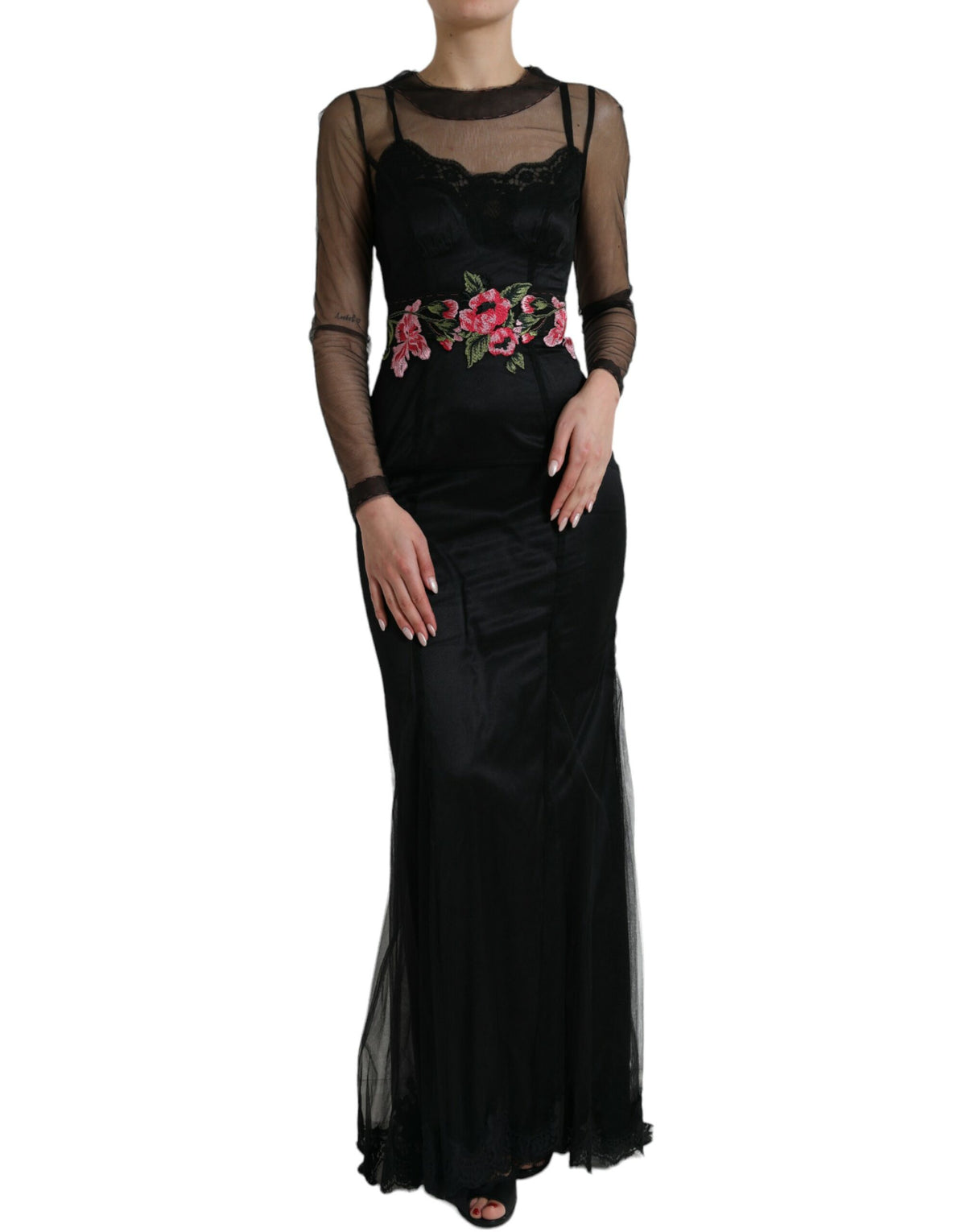 Black floral embroidery mesh tulle gown dress by Dolce & Gabbana with intricate floral patterns and sheer fabric.