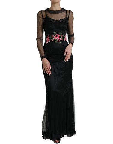 Black floral embroidery mesh tulle gown dress by Dolce & Gabbana with intricate floral patterns and sheer fabric.