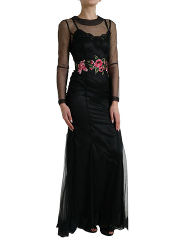Black floral embroidery mesh tulle gown dress by Dolce & Gabbana, featuring intricate floral embroidery and a flowing silhouette.