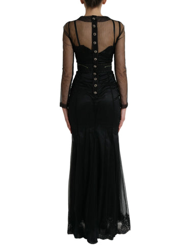 Black floral embroidery mesh tulle gown dress by Dolce & Gabbana with intricate floral embroidery and sheer mesh fabric.